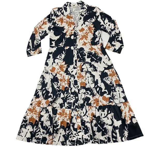 Soft Surroundings Moonglow Midi Dress Sz 12 -3/4 Sleeve Button Up Tiered Floral - Picture 3 of 14